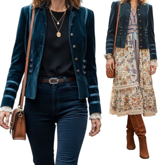 Together Cotton Velvet Military Blazer With Teal Trimming Size Golden Buttons - Picture 16 of 16